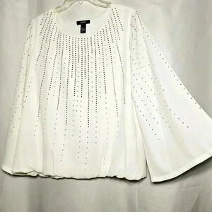 🛑 Alfani Womens White Scoop Neck Embellished Poly Blouson Top Size Large